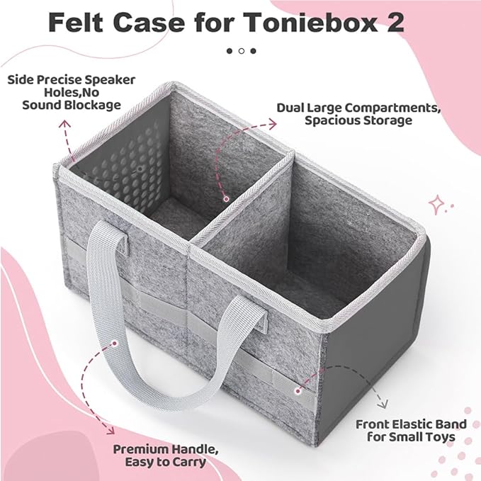 PISOSN Carrying Case for Toniebox Starter Set and Tonies Figurines, Travel Felt Cloth Musical Toy Folding Bag for Toniebox 2 & Accessories (Gray)
