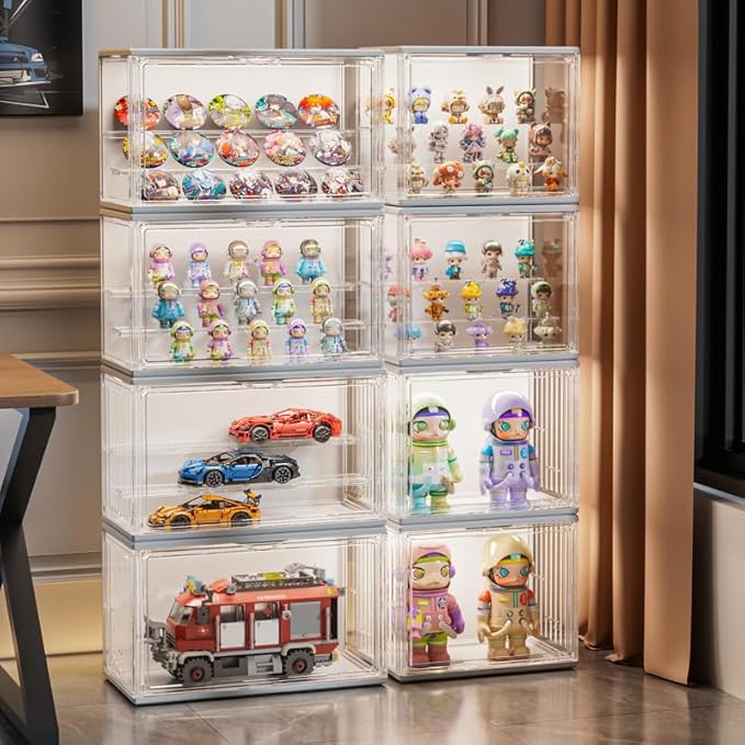 3 Tiers Clear Display Case with Lights, Acrylic Storage Organizers Box with Magnetic Door, Acrylic Dustproof Showcase for Collectibles Action Figure((1, White Medium)