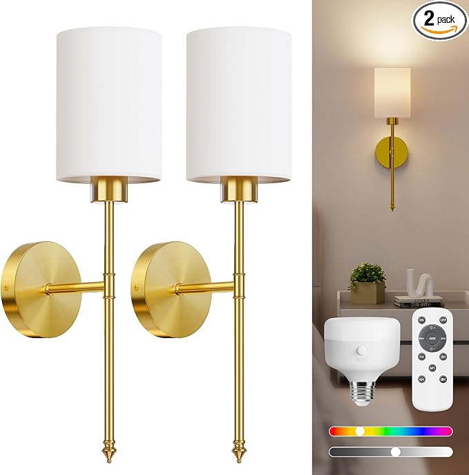 20.67 inch Battery Operated Wall Sconce Set of 2, Gold Rechargeable Wall Lights with 10400mAh Dimmable Bulbs and Remote, 9 Colors Wireless Wall Lamps for Bedroom Living Room Hallway