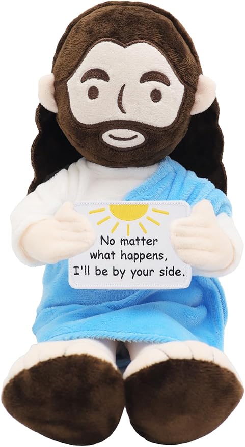 Inspirational Jesus Plush Stuffed Doll with Encouraging Words 13.4" Positive Jesus Plushie Soft Christian Toy Faith Comfort Gift for Kids Baptis Easter Christas (Blue)