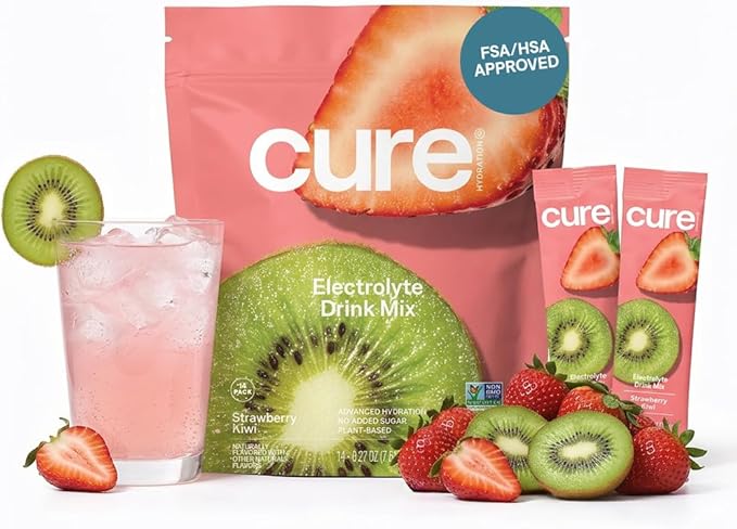 Cure Hydration | Plant-Based Electrolyte Drink Mix | No Added Sugar | FSA-HSA | Dehydration Relief Powder Made with Coconut Water | Non-GMO | Vegan | Pouch of 14 Packets - Strawberry Kiwi