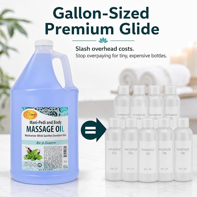 SPA REDI Mint Eucalyptus Massage Oil – Alcohol-Free, Sulfate-Free & Silicone-Free Professional Massage Oil | Almond, Avocado, Sunflower & Vitamin E Botanical Blend | Cruelty-Free | Made in USA 128 oz