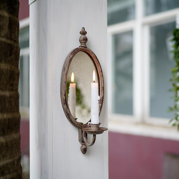 SOFFEE DESIGN 2PCS Antique Metal Candle Sconces Candlestick Holder Wall Mounted Distressed with Oval Faded-Looking Mirror