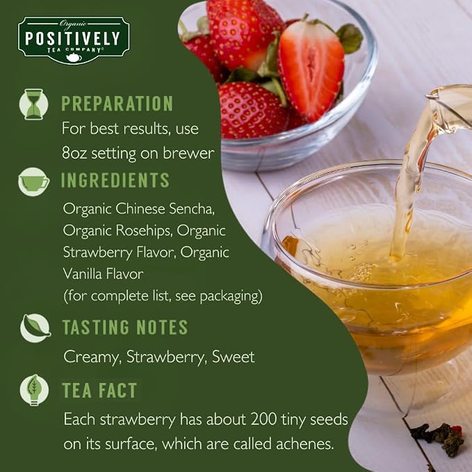 Organic Positively Tea Company, Strawberries and Cream Green Tea, K-Cup Compatible, 24 Pods