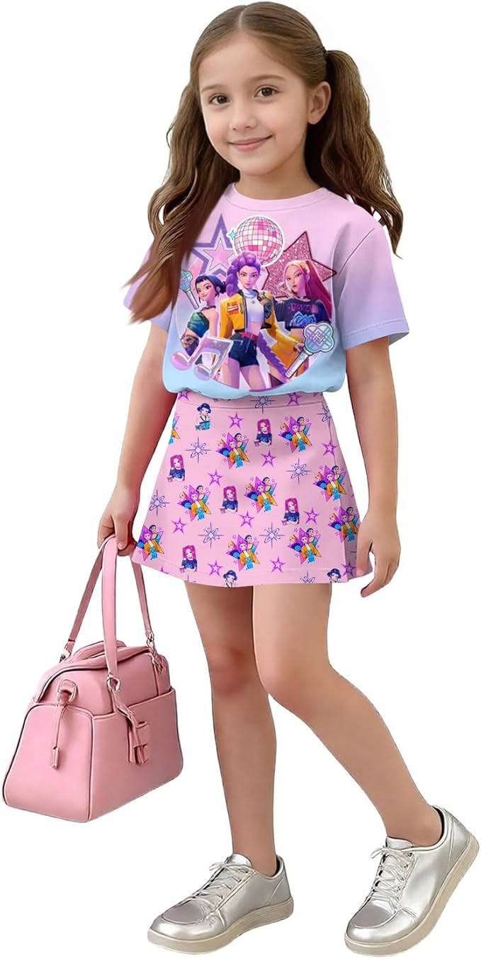 HTHLVMD K Pop Short Sleeve T-Shirt and Skirts Outfits Set for Girls Hunters Rumi Mira Zoey Graphic Tees De-Mon Costume