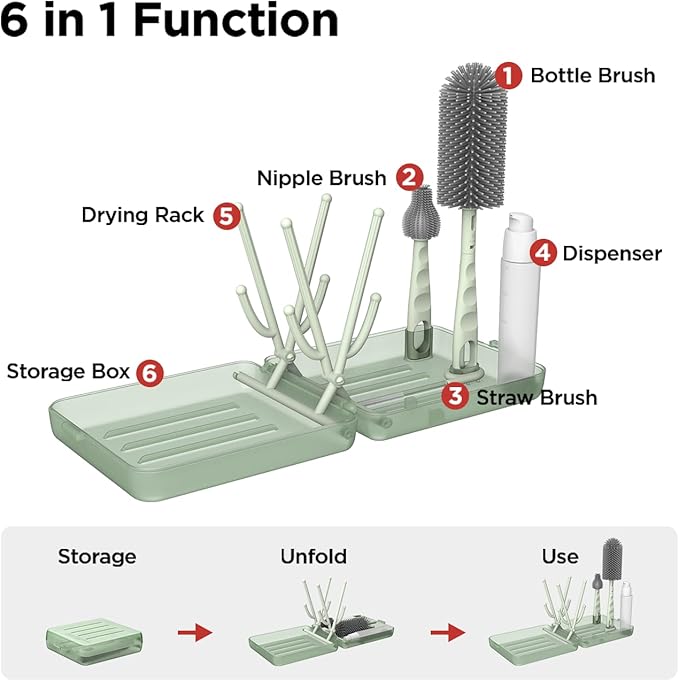 YOTIME Travel Bottle Brush Set, Auto-Open Rack & Vertical Brushs Drying Slots, 3 Brushes, Foldable Drying Rack, Dispenser, Travel Baby Essentials for On-The-Go Parents, Transparent Green