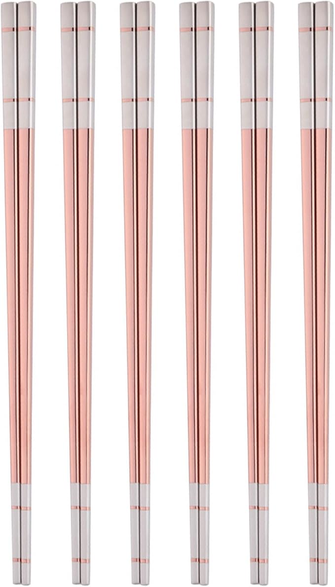 Reusable Stainless Steel Chopsticks,Dishwasher Safe , Easy to Use(6 PCS,Rose gold)