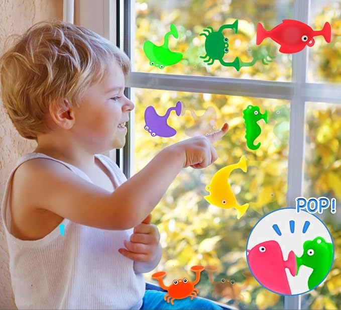 18PCS Suction Bath Toys for Toddler Kids, Mold Free Silicone Ocean Animals Suction Cup Bathtub Toys, No Hole Sensory Window Fidget Toys, Fun Creative Gift for Boys Girls with Eggshell
