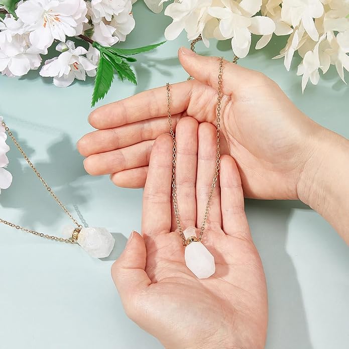 SUPERFINDINGS 2Pcs Perfume Bottle Necklace Essential Oil Diffuser Necklace Natural Crystal Perfume Bottle Pendant with 304 Stainless Steel Chain Gemstone Vial Pendant for Woman Men