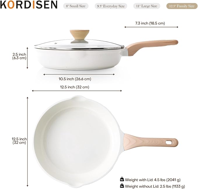 Kordisen Ceramic Non Stick Frying Pan Skillet with Lid, 12.5 Inch Large Pan | Non Toxic, Healthy Coating, Induction Compatible, Heat Resistant Handle, PFOA & PFAS Free