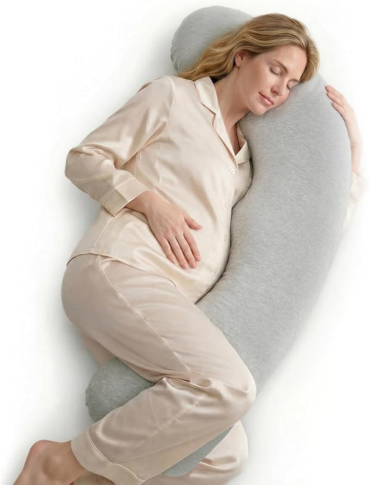 Momcozy Pregnancy Pillows for Side Sleeping, J Shaped Maternity Body Pillow for Pregnancy, Soft Pregnancy Pillow with Cotton Cover for Head Neck Belly Support, Gray