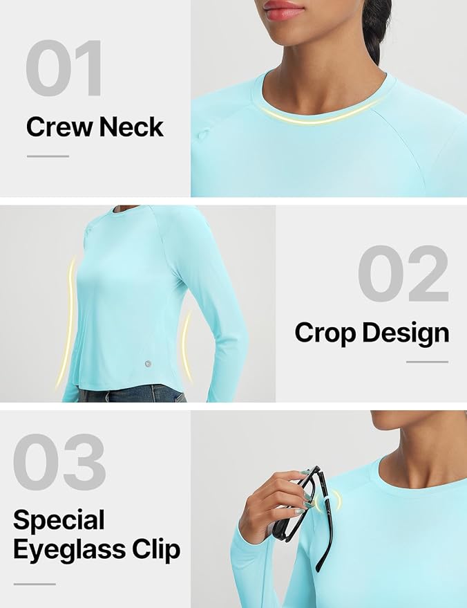 baleaf Women's UPF 50+ Long Sleeve Sun Shirts Crop Rash Guard UV Workout Tops SPF Slim Fit Lightweight Athletic Hiking