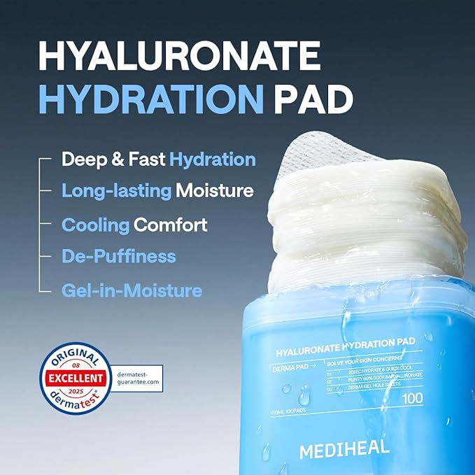 MEDIHEAL Toner Pads 100 Count - Hyaluronate 99% Pure Low-Molecular Hyaluronic Acid - Intensive Hydration&Soothing - Contains Squalane to Increase Absorption - Vegan Gel Texture Pad, Korean Skin Care