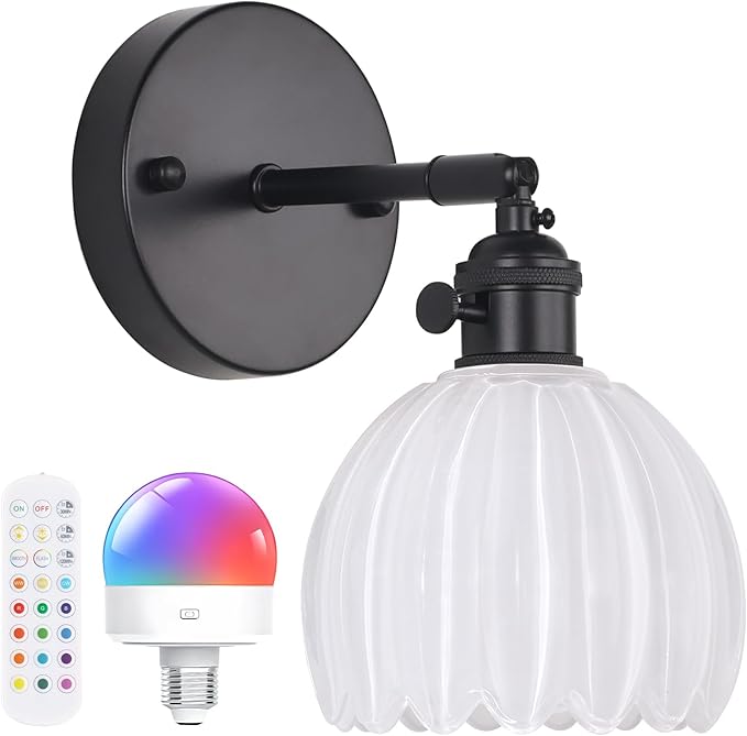 Shenmoyl Vintage Battery Operated Wall Sconce with White Tulip Glass Lampshade Rechargeable Battery Powered Black Wall Light with Remote Control for Bedside Bedroom Doorway