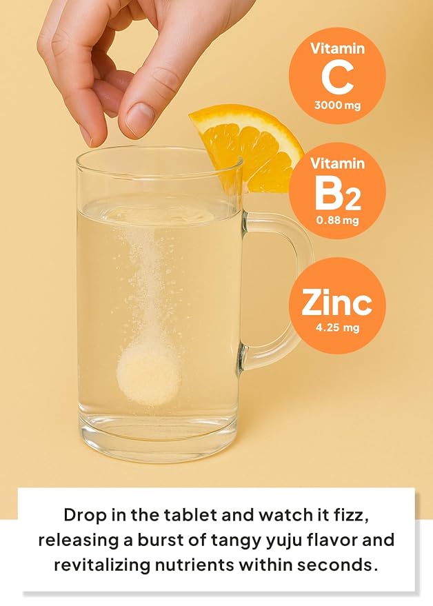 Korean Food Everteen MegaVita C3000 Effervescent Drink, Citrus, 10Tabs x3PK | Citrus-flavored effervescent beverage tablets with 3 packs of 10 tablets each