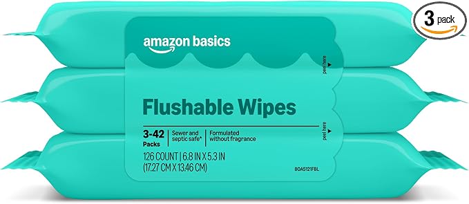 Amazon Basics Flushable Wipes, Fragrance Free, Adult Wet Wipes,126 Count (3 Packs of 42), Packaging May Vary