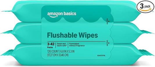 Amazon Basics Flushable Wipes, Fragrance Free, Adult Wet Wipes,126 Count (3 Packs of 42), Packaging May Vary