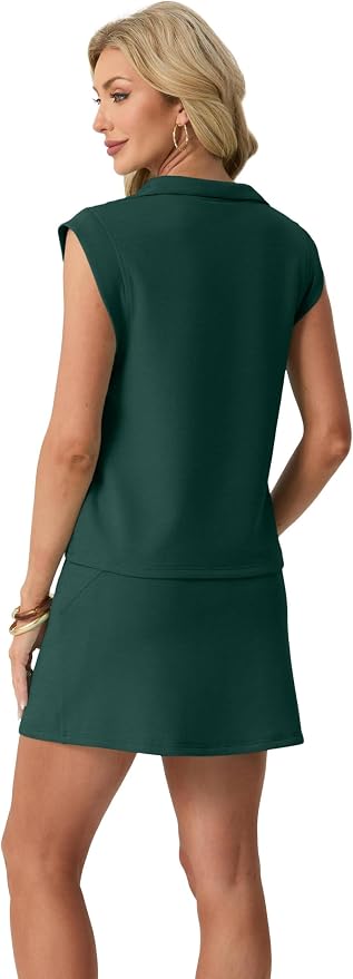 GRECERELLE Women's 2026 Summer 2 Piece Skort Sets Cap Sleeve Zip Collared Top Matching Tennis Skirt with Pockets for Athletic