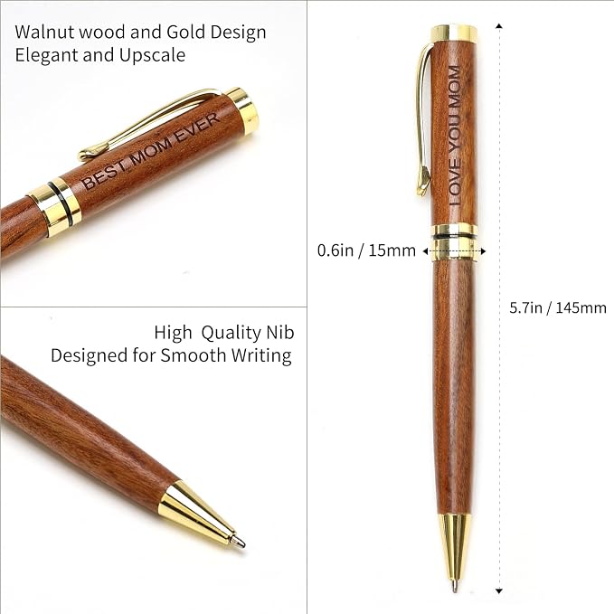 Renawe Cool Wooden Pens with Pen Box Gift for Mom, Mother In Law, Christmas, Mother's Day, Birthday Ideas, Cute Engraved Pens, Unique Presents for New Mom from Daughter Son