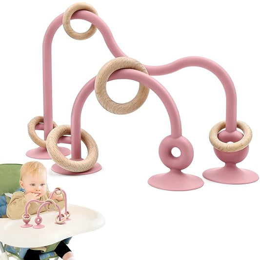 Baby Sensory High Chair Suction Toys for Infant Toddlers 12 18 Months, Food Grade Silicone String with Oak Loop Montessori Educational Parent-Child Bath Toy Gift for Birthday Christmas (Dark Pink)