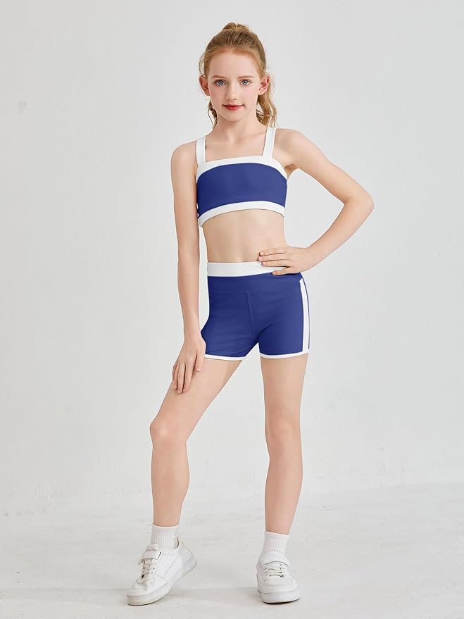 Haloumoning Girls 2 Piece Outfits Athletic Color Block Training Bra and High Waisted Shorts Clothing Sets 5-14Y