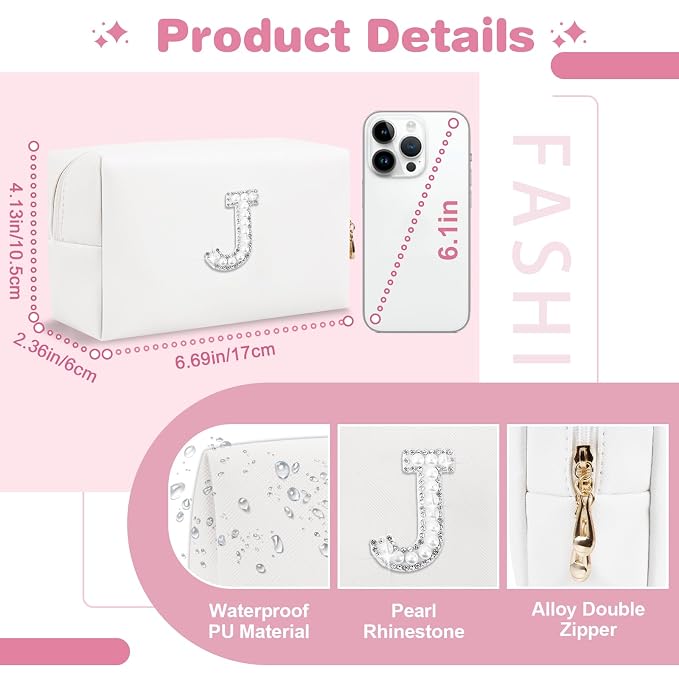 Bride Gifts – Personalized Initial Makeup Bag with Pearl Rhinestone Patch, Preppy White Monogram Cosmetic/Toiletry Pouch, bridesmaid Gifts, Bridal Shower Gifts, Wedding Gifts, Bridal Gifts,J
