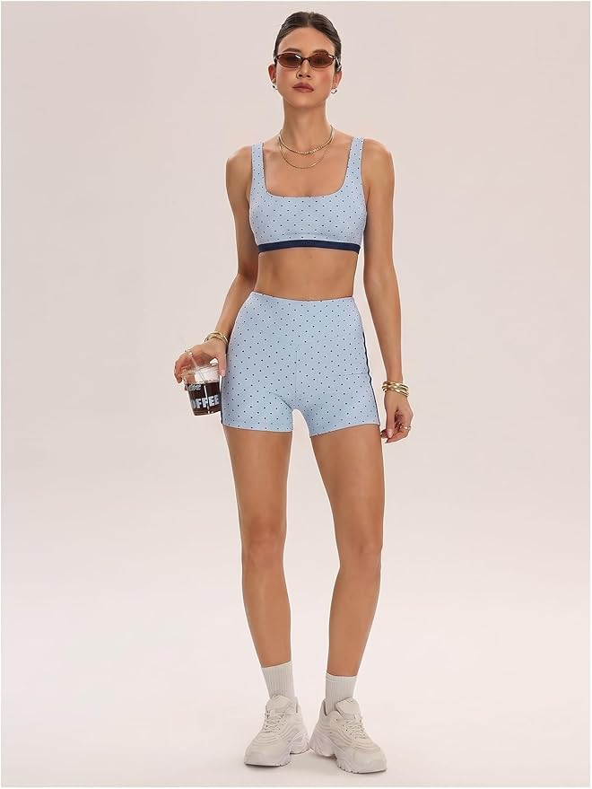 Milumia Women's Polka Dots Workout Set 2 Piece Color Block Bra Tank High Waisted Biker Shorts Layered Matching Yoga Outfit
