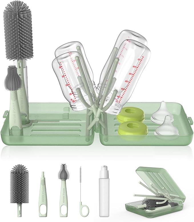 YOTIME Travel Bottle Brush Set, Auto-Open Rack & Vertical Brushs Drying Slots, 3 Brushes, Foldable Drying Rack, Dispenser, Travel Baby Essentials for On-The-Go Parents, Transparent Green