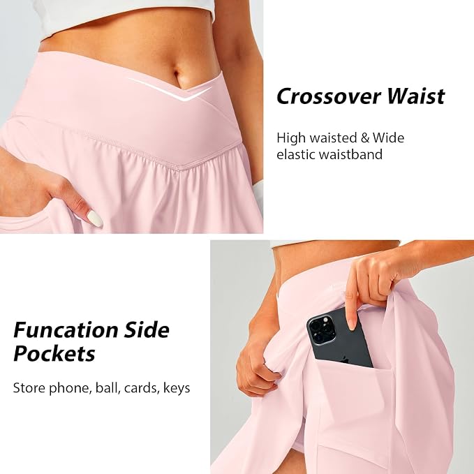 Womens Tennis Skirt Crossover High Waisted Skort with Pockets Shorts | Athletic Skirts for Golf Running Workout Pickleball, Aesthetic Activewear, Sporty Athleisure Style