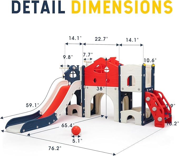 SANDINRAYLI 8-in-1 Indoor Toddler Slide, Kids Slide with Stairs, Outdoor Playground Slides for Kids 3-8, Freestanding Slides with Basketball Hoop, Telescope, Tunnel, and Storage for Boys & Girls