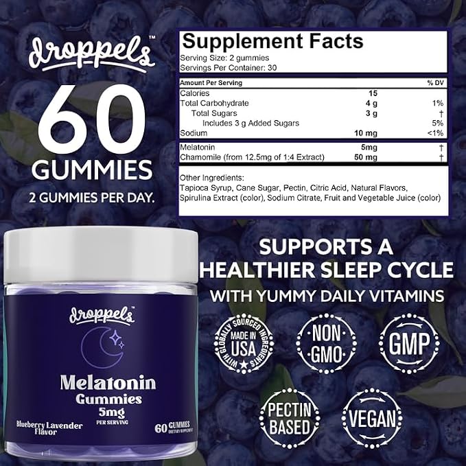 Droppels Melatonin Gummies for Adults – 5mg Sleep Support, Vegan & Plant-Based with Chamomile, Natural Sleep Aid for Falling Asleep Faster & Staying Asleep (60 Count)