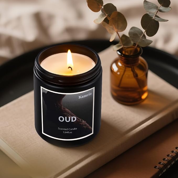 Oud Scented Candle for Men, Masculine Woodsy Aromatherapy Jar Candle, Natural Soy Wax Long Lasting Burn, Luxury Black Decor Gift for Him, 7oz