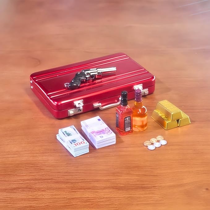 1:6 Scale Miniature Briefcase Set - Includes Fake Gold Bars, Bundles of $100 Mini Dollar Bills, Vintage Coins and Mini Weapons - Unique Adult NoveltyToy & Dollhouse Accessories (Red)