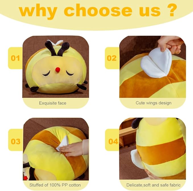 ELAINREN Cuddly Big Bee Plush Body Pillow Ultra-Soft Bumble Bee Stuffed Insect Toy Fluffy Garden Honeybee Plushie Cushion Decor Gifts/23.6''