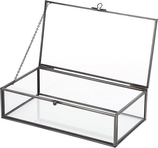 Hipiwe Glass Keepsakes Display Box with Lid - Decorative Black Glass Box | Clear Rectangle Storage for Trinket Perfume Cards Gift