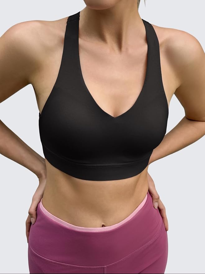Aoysky Womens Criss Cross Back Sports Bras Racerback V Neck Adjustable Straps Medium Support Yoga Workout Crop Top
