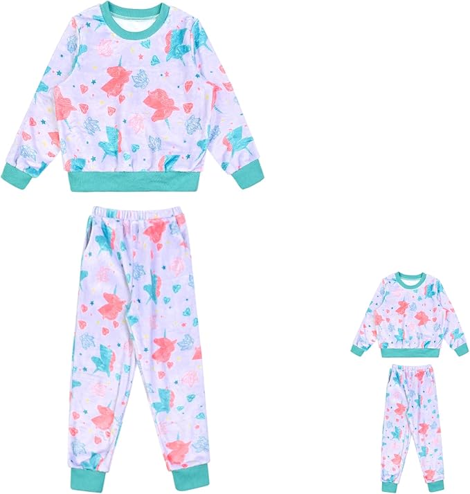 QPANCY Matching Doll & Girls Fleece Pjs Set kids Fall Winter Long Sleeve Sleepwear 2 Piece Pajamas