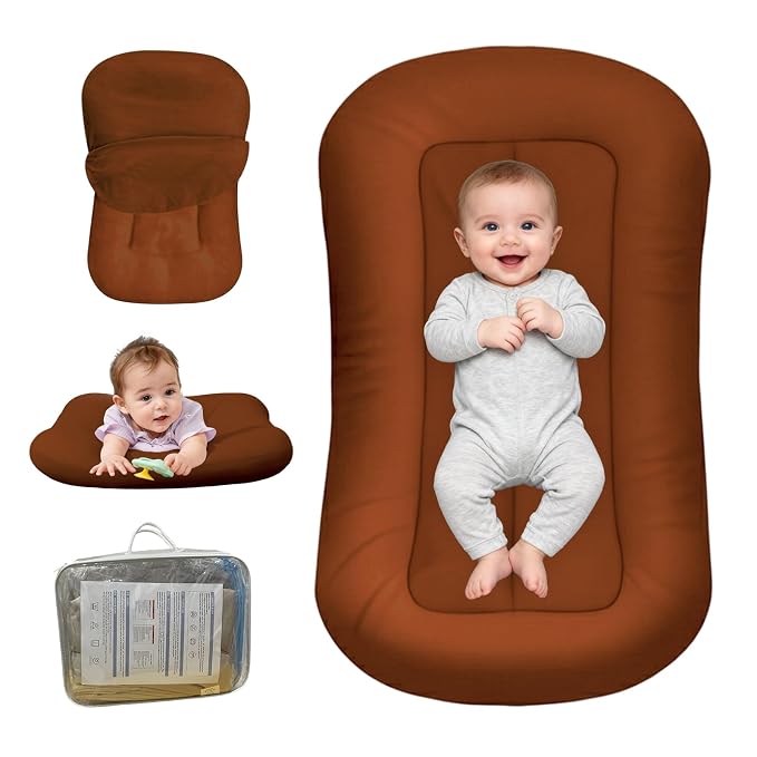 Baby Lounger for Newborn, Bionic Design Baby Lounger, Soft Organic Cotton Breathable Lounger for Infants 0-24 Months (Brown)