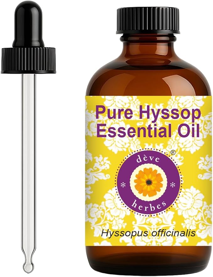 Deve Herbes Pure Hyssop Essential Oil (Hyssopus officinalis) with Glass Dropper Steam Distilled 120ml (4 oz)