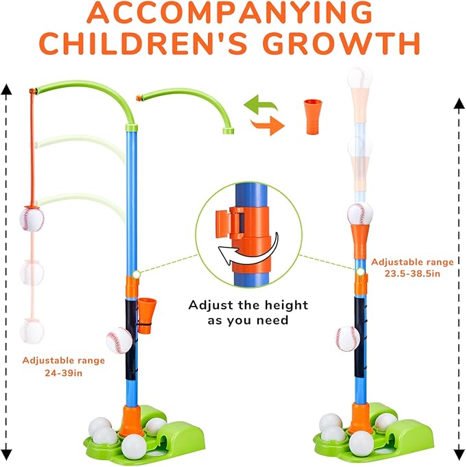 JoyCat 3-in-1 T Ball Set for Kids 3-5,Toddler Baseball Set-T Ball Stand,Hanging Tee,Auto Launcher,6 Balls-Adjustable Height Sports&Outdoor/Indoor Toys for 3 4 5 6 7 8 Year Old Boy Girl Birthday Gift