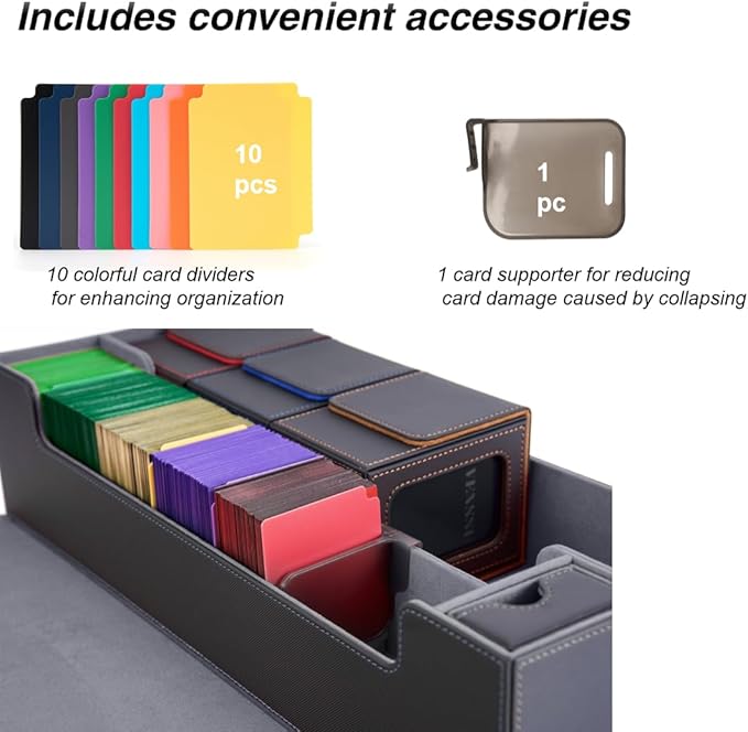 Venssu MTG Deck Box Holds 5 Display Card Deck Boxes with Playmat and Dice Box,Includes 10 colorful dividers and 1 card supporter, Trading Card Storage Box For Magic Game Cards (Black and Grey)