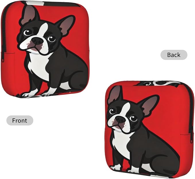 Multifunctional Period Storage Bag for Women Boston Terrier Dog Red, Compact Tampon Holder Pouch, Polyester Pad Bag Stores Cosmetic Jewelry Keys
