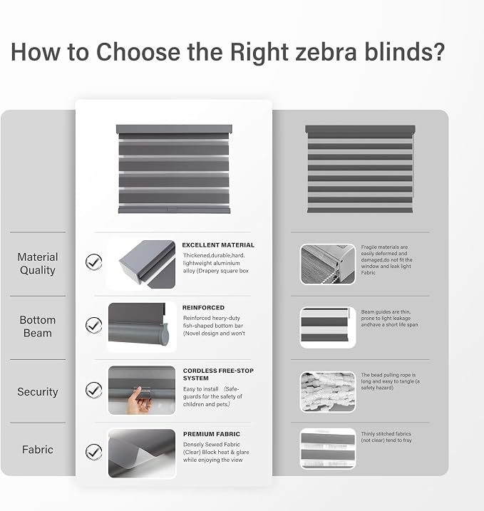 AOSKY Custom Cordless Zebra Blinds for Windows Pull Down Roller Window Shades Dual Layer Light Filtering Privacy for Day and Night, Free-Stop Door Shades for Home Grey