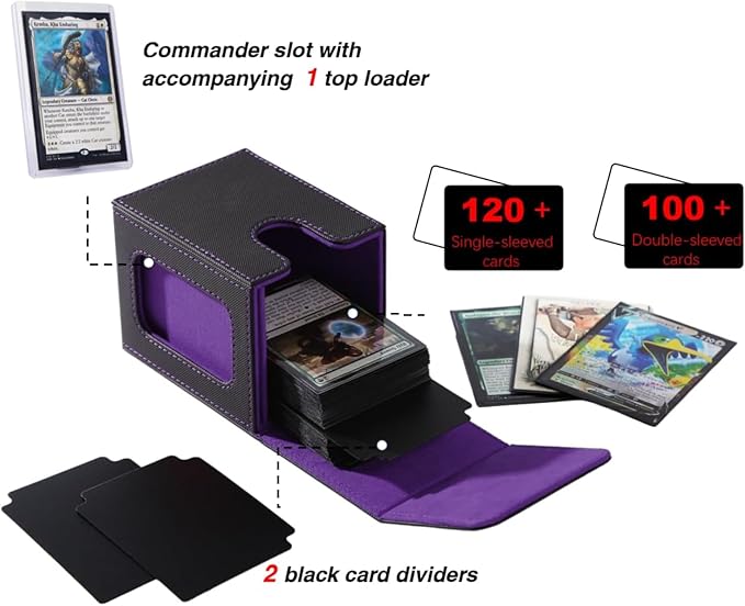 Venssu MTG Deck Box With Slot For Commander Display, Patented Design, Fits 100+ Double /120+ Single Sleeved Cards, With 2 Dividers And 1 Toploader,Compatible with board game TCG CCG (Black＆Purple)