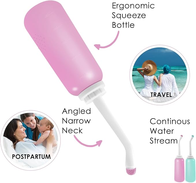 Peri Bottle Postpartum, RUFCRIL 2-Pack 500ml Portable Bidet, Upside Down Perineal Wash Bottle, Boilable TPE, Travel Bag, for Perineal Care, Hemorrhoid Care, Feminine Cleansing & Baby (Pink/Green)