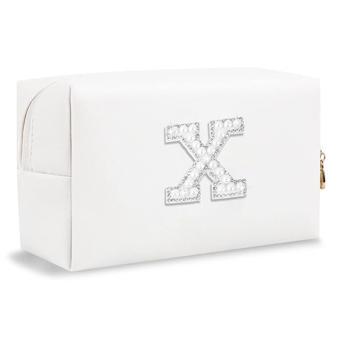 Bride Gifts – Personalized Initial Makeup Bag with Pearl Rhinestone Patch, Preppy White Monogram Cosmetic/Toiletry Pouch, bridesmaid Gifts, Bridal Shower Gifts, Wedding Gifts, Bridal Gifts,X