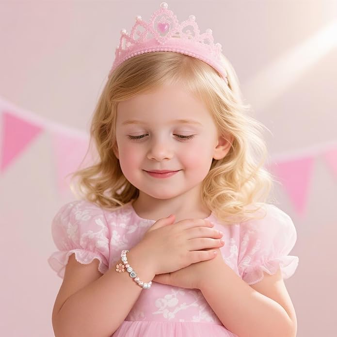 MONOOC Valentines Gifts for Kids Girls - Initial Flower Charm Bracelets for Girls, Adjustable Pearl and Rhinestone Beaded Bracelet Heart Initial Bracelets Jewelry for Flower Girl Gift Birthday Gifts