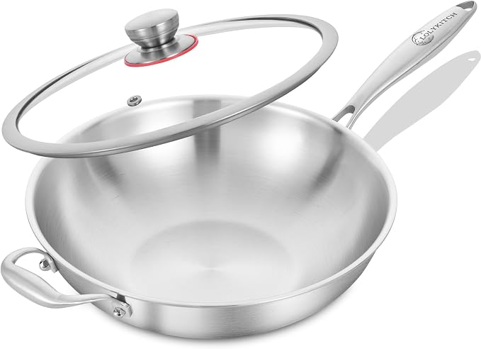 LOLYKITCH 13-Inch Stainless Steel Wok with Glass Lid | Detachable Handle | Uncoated Tri-Ply Stir Fry Pan | Everyday Cooking Wok for Induction & Glass| Flat Bottom | SGS Certified Cookware | PFOA-FREE