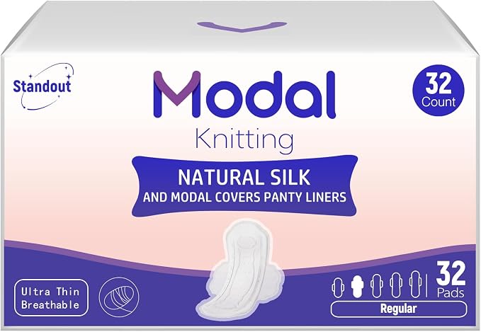 Modal Sanitary Pads for Women, Natural Silk and Modal Cover-Ultra Absorbency, Ultra Thin Breathable Daily Pads with Wings, Unscented Sanitary Napkins(9.5 Inch, Regular, 32 Count, Packaging May Vary)