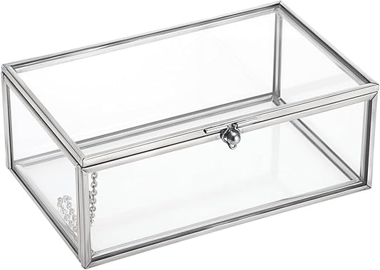 Hipiwe Vintage Glass Keepsake Box Small Jewelry Display Case Lidded Box | Home Decor Accent Decorative Glass Box Organizer for Storage Trinket Rings Bracelet, Silver